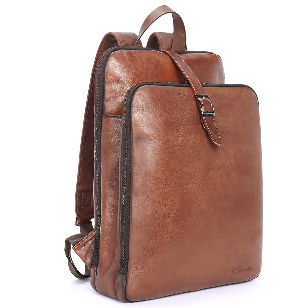 CLUCIWomens Backpack Purse Genuine Leather 15.6 Inch Laptop Vintage Travel Large Business College Shoulder Bag, Dark Brown, L