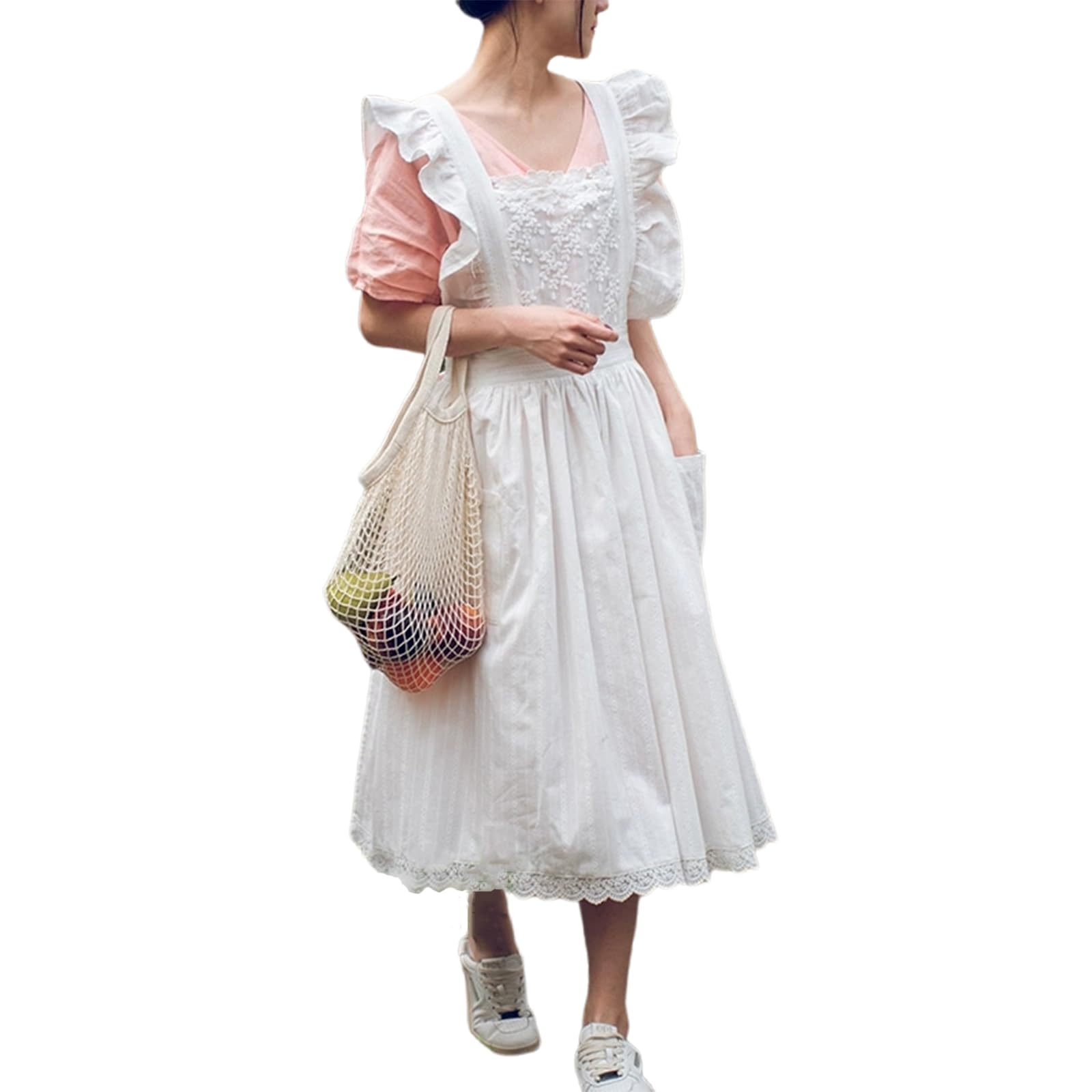 Delantal Mujeres, Vestido De Encaje Cruzado Ajustable Delantal para Jardinería, Cocina, Limpieza, ManicuraWhite,One Size