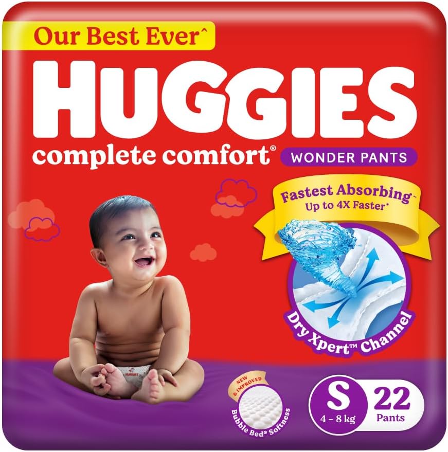 Huggies Complete Comfort Wonder Pants Small (S) Size (4-8 Kgs) Baby Diaper Pants,22 Pcs| India'S Fastest Absorbing Diaper With Upto 4X Faster Absorption|Unique Dry Xpert Channel,1 Count