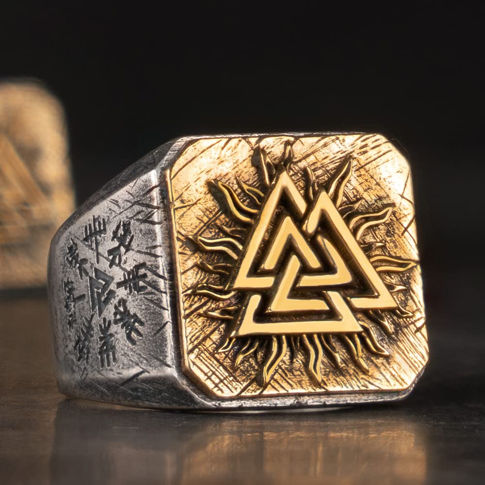 Zweifarbiger Wikinger-Valknus-Ring aus 925er-Sterlingsilber, DREI ineinandergreifende Dreiecke, Siegelring, Schmuck für Männer, offen, verstellbar