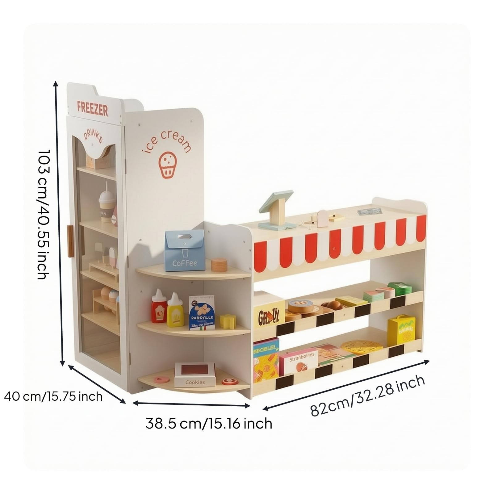 Hölzn Spielzeugladen mit Kühlschrank Viele Ablagefäch, SupSpielset, spielküche, für,