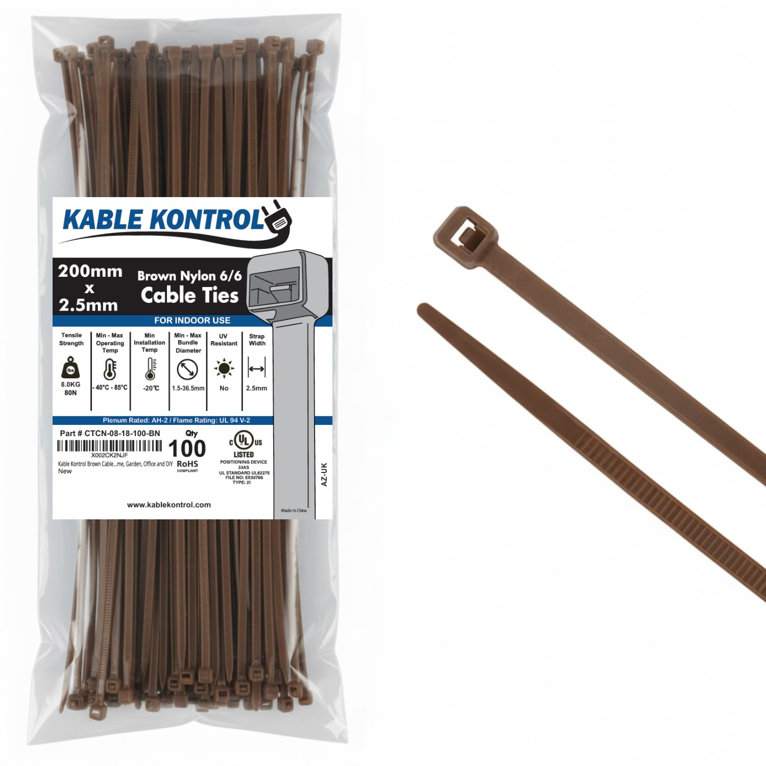 Kable Kontrol Brown Cable Ties, 200 mm x 2.5 mm, Pack of 100, 8" Premium Nylon Zip Ties, Multi-Purpose Plastic Tie Wraps, Secure Self-Locking Mechanism, for Home, Garden, Office and DIY — image 1