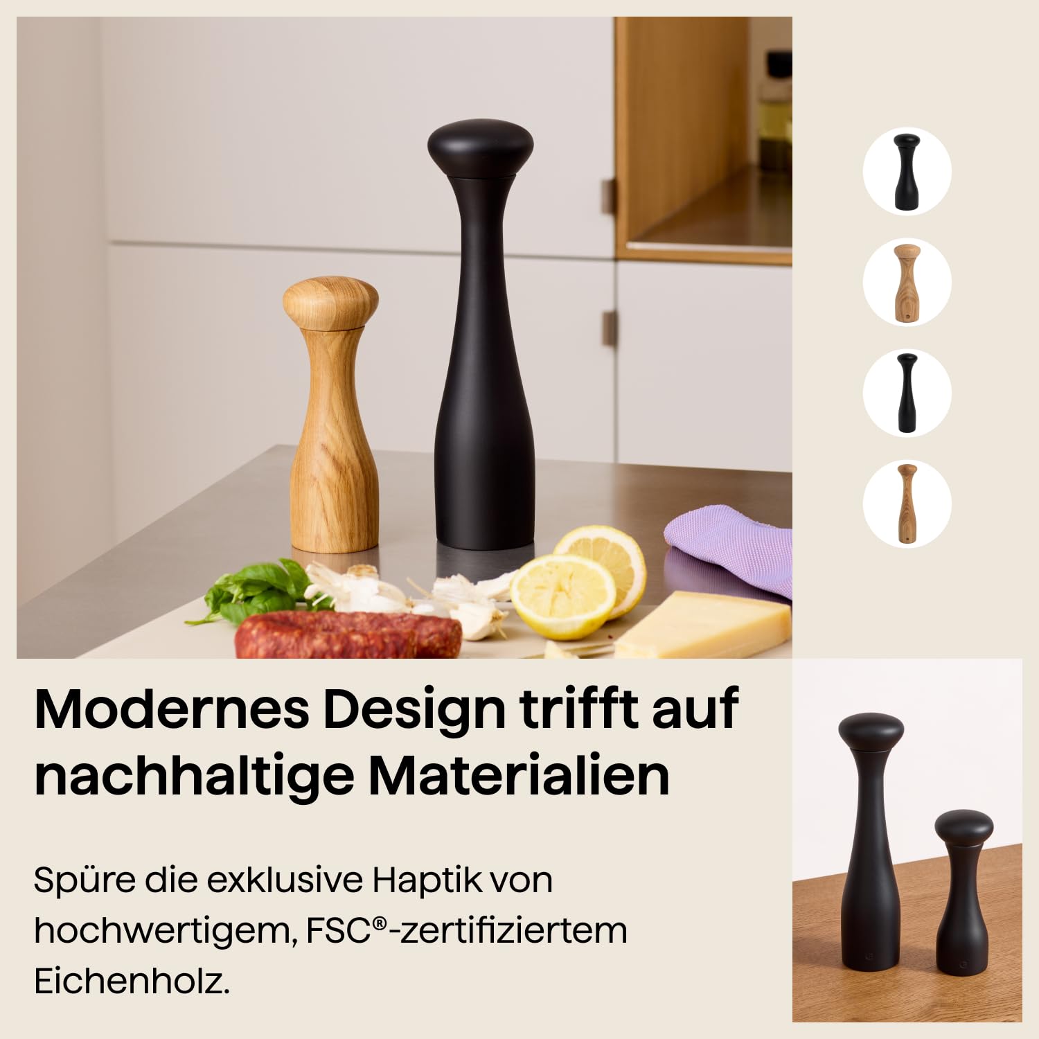 Crushgrind Lyon Gewürzmühle mit Keramikmahlwerk | Holz-Braun | Salz und Peffermühle mit verstellbarem Mahlgrad | Kräutermühle aus hochwertigen, nachhaltigen Materialien (Eiche, 19 cm)