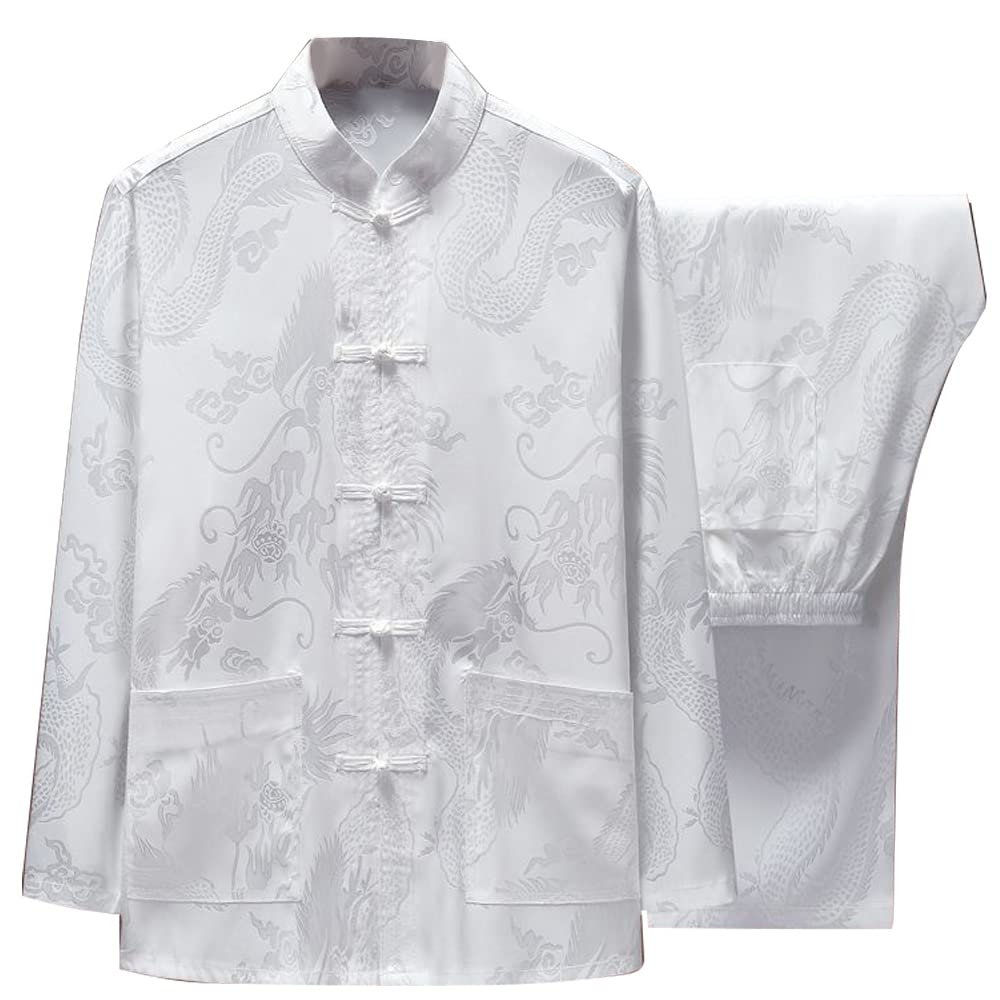 Chinese Martial Arts Uniform Tang Suit for Men Breathable Fabric Kung Fu Wing Chun Hanfu Traditional Suit (White, Large)