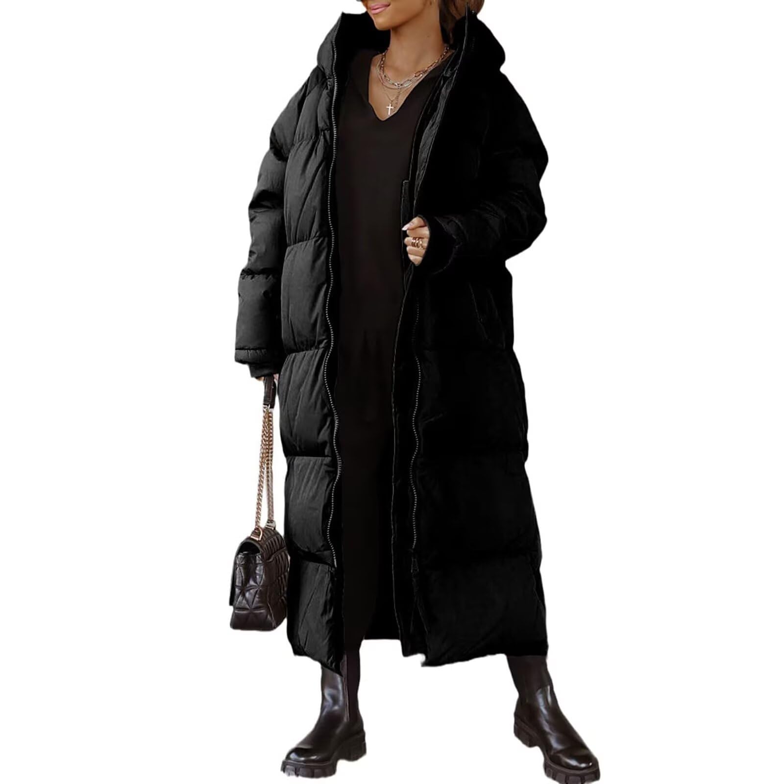 MANGGUO Women Long Quilted Coat Hooded Maxi Length Long Sleeve Puffer Jacket Padded Coat Winter Outerwear,black