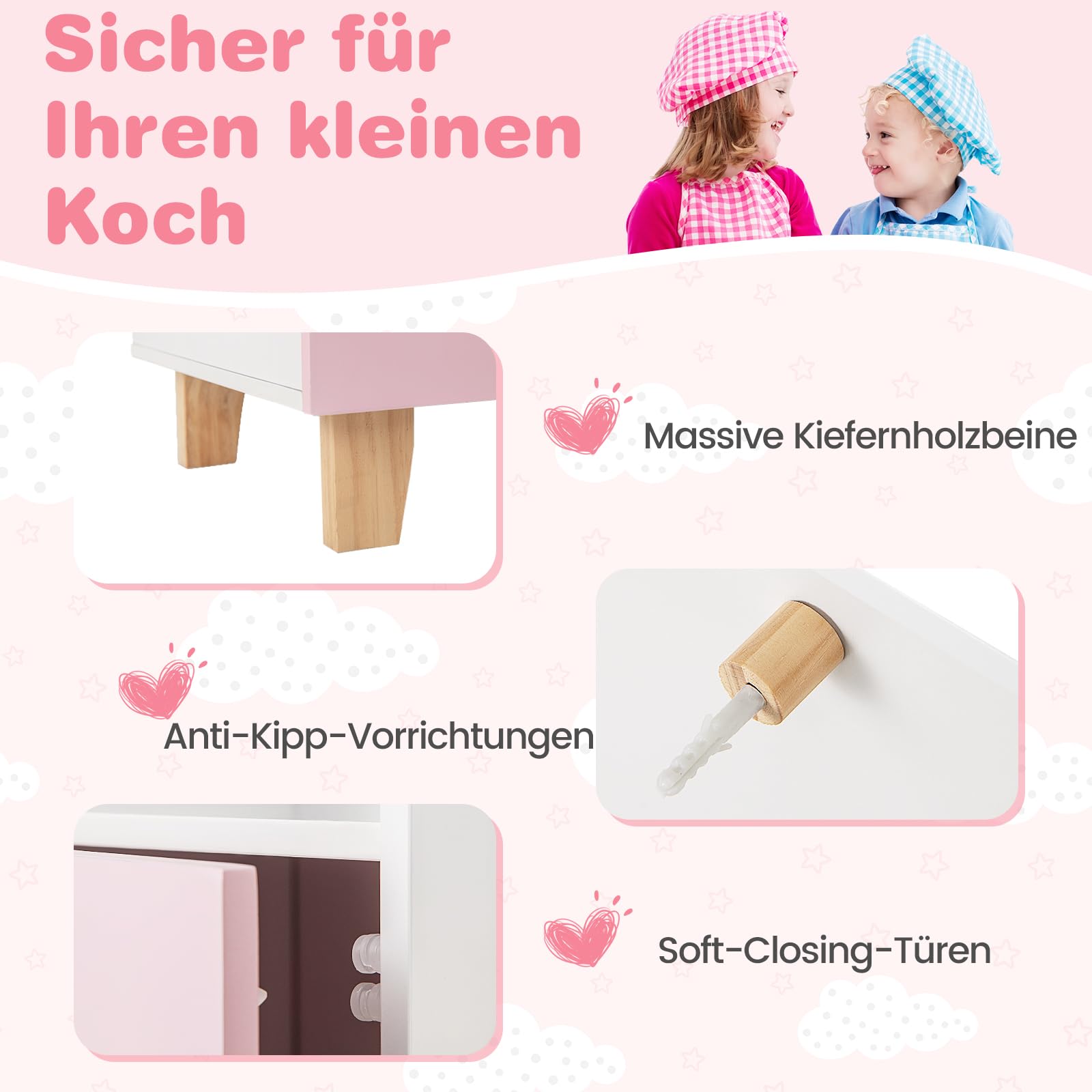 DREAMADE Kinderküche Holz mit 10 TLG. Zubehör, Holzküche Kinder Küche mit Herd Dunstabzugshaube Eismaschine Ofen, Spielküche mit Licht und Sound für Kinder ab 3 Jahren (Rosa)
