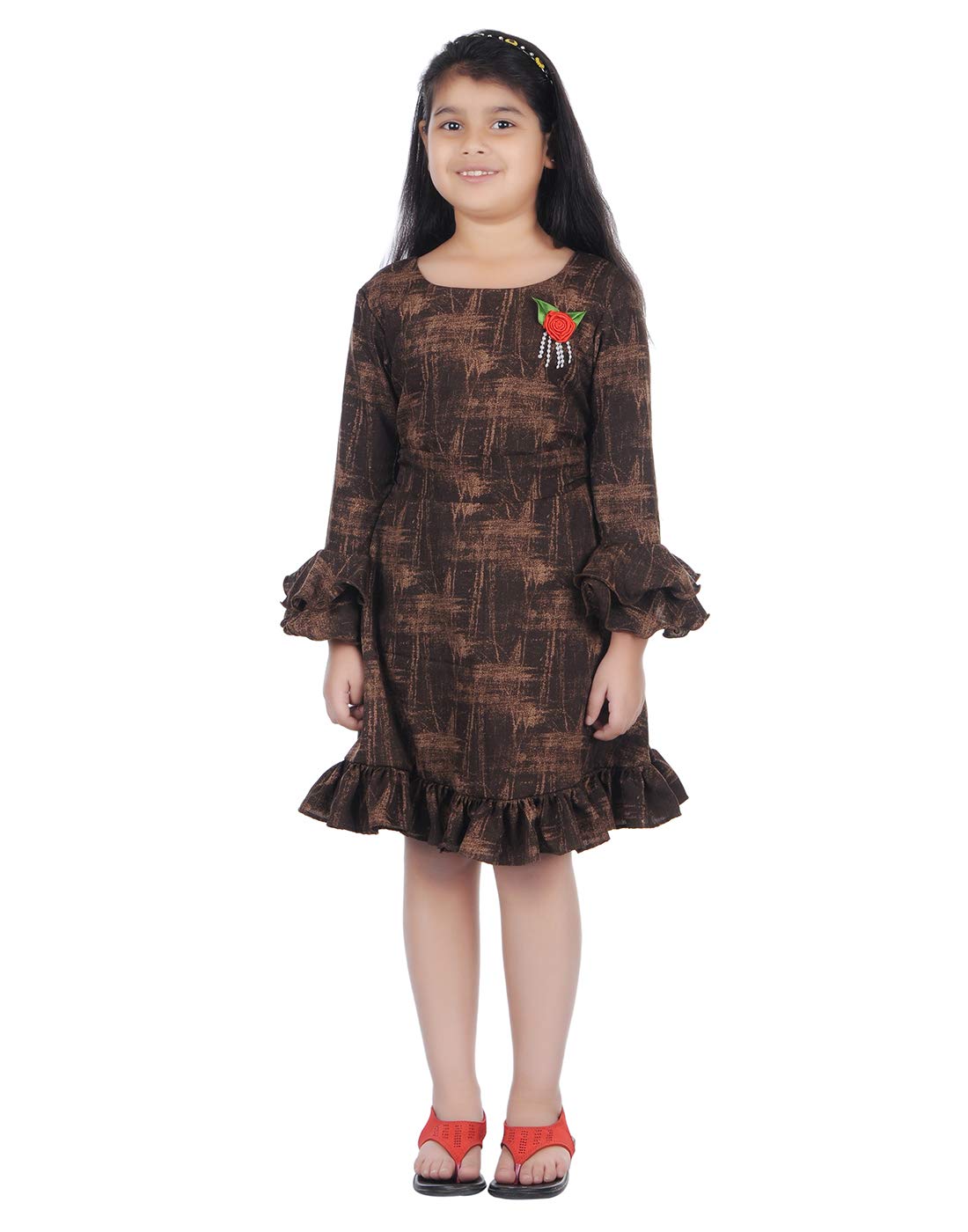 Je Taime Mumum' s Brown 3/4 th Sleeves Knee Length Dress for Girls