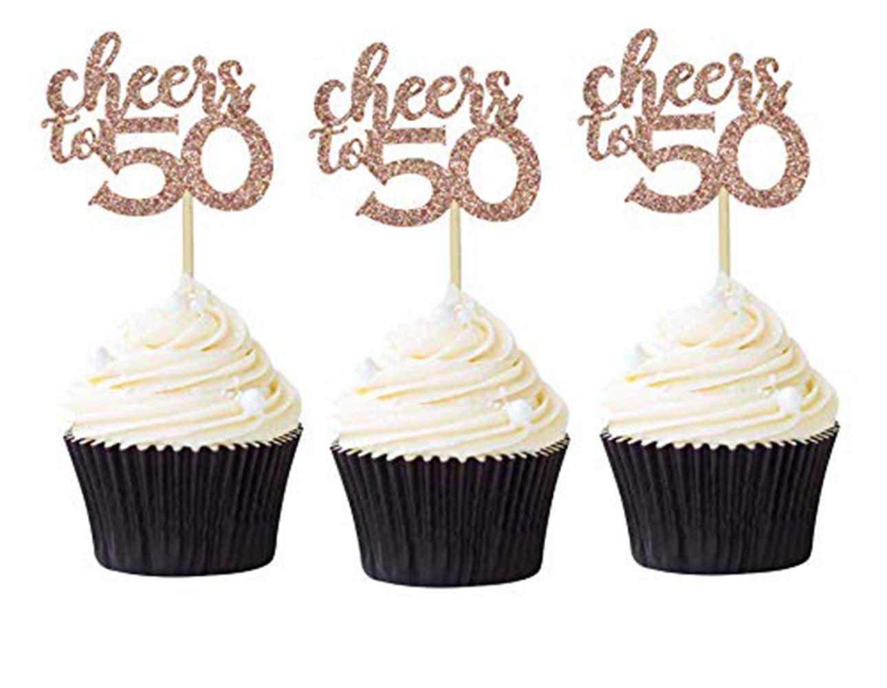 Pack of 24 Cheers to 50 Cupcake Toppers Rose Gold Glitter 50th Birthday Cupcake Picks Anniversary Party Decors
