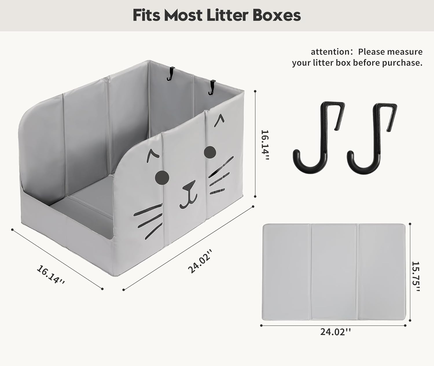 PVC Waterproof Cat Litter Box Enclosure Splash Guard with Front Barrier, Cat Box Enclosure with Leak-Proof Bottom, Removable Mat & 2 Scoop Hooks-24.02 x 16.14 x 16.14 in