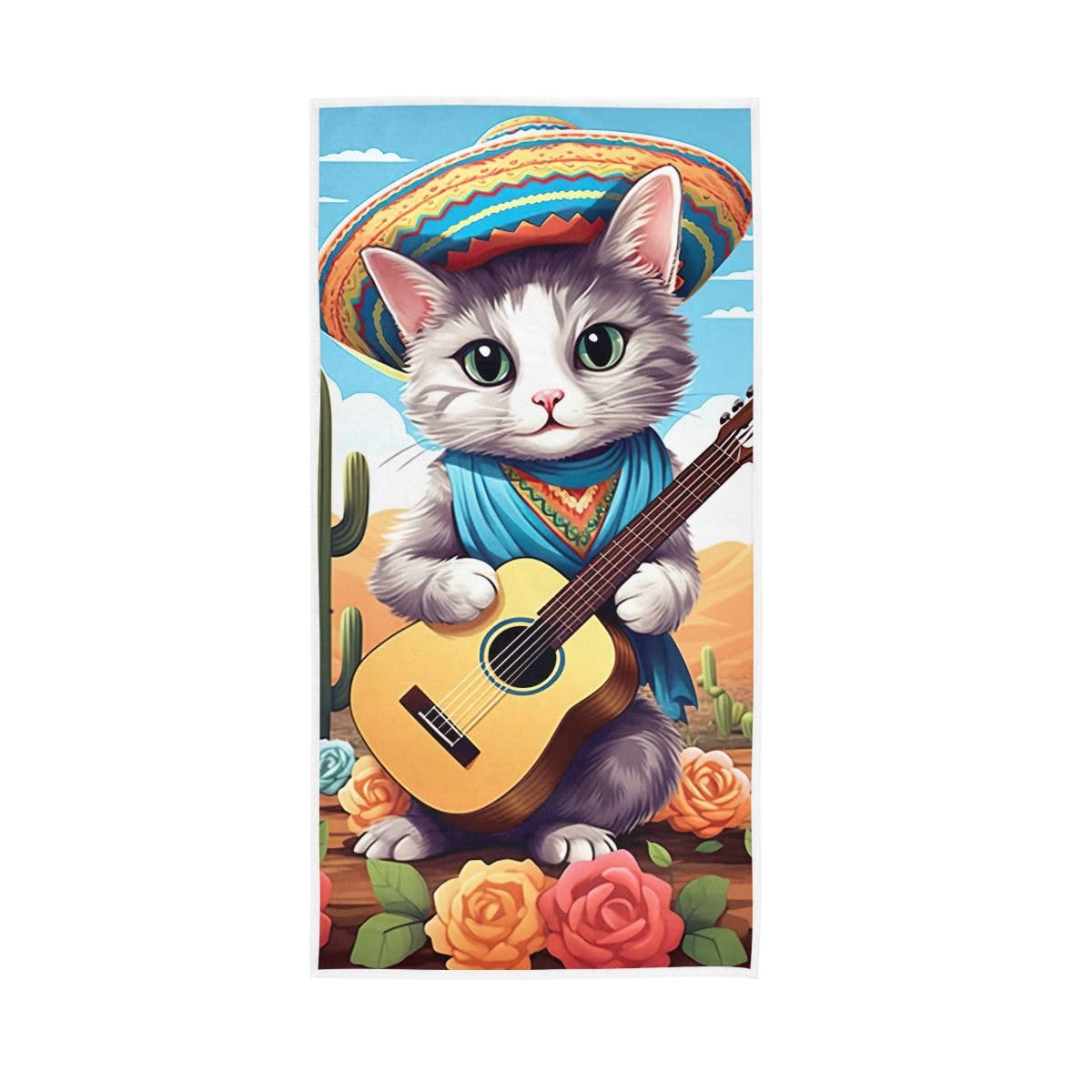 LSRCPD Cat Playing Guitar in Desert Hand Towels, Multipurpose Hand Towels Cotton for Bathroom, Gym, Hotel, Spa 15 x 30 Inches