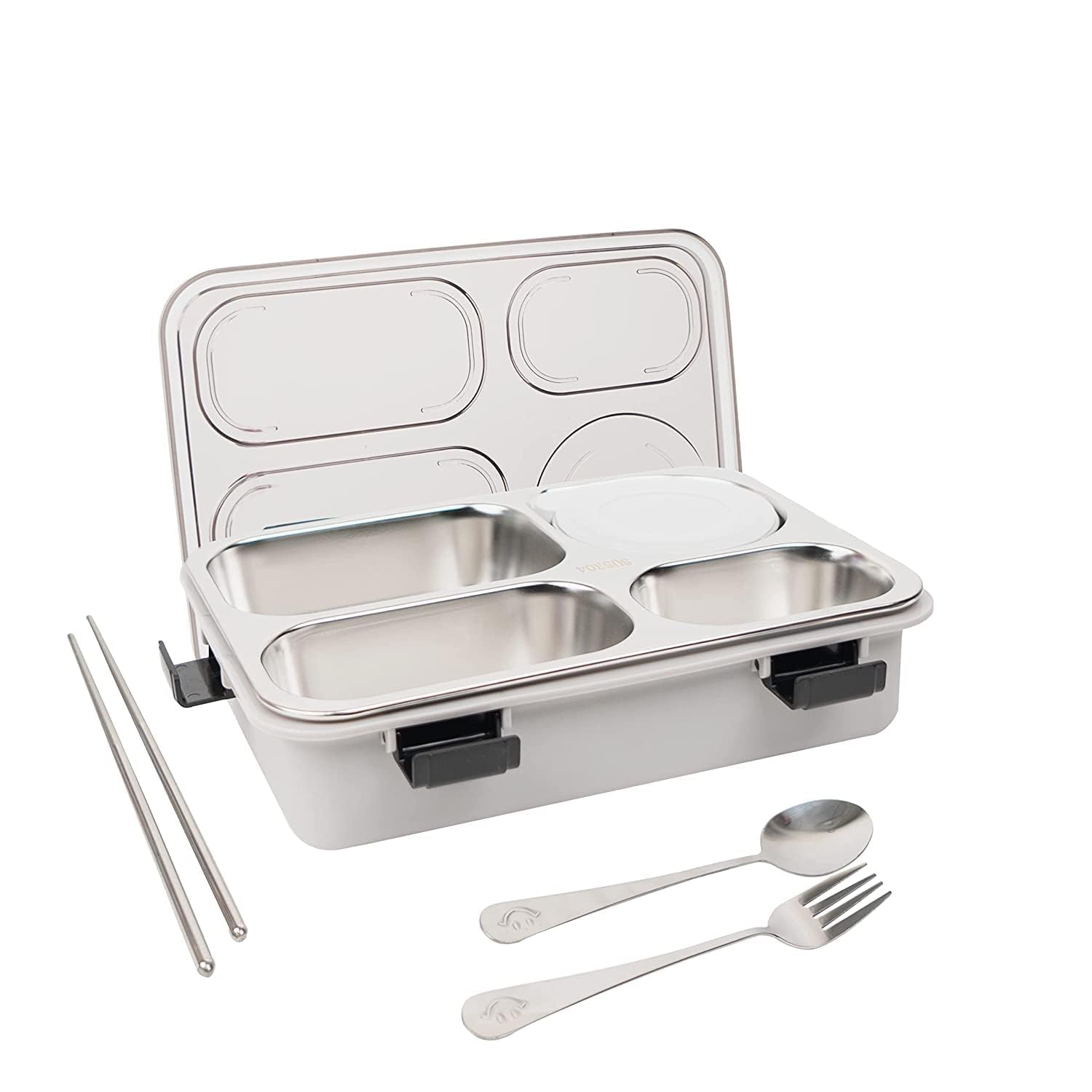 PRIME DEALS Lunch Box Sealed Leakage Proof Stainless Steel Lunch Box with Fork Chopstick&Spoon Lid Office Food Container for School Kids and Adults 750ml (Grey, 4 Compartment)