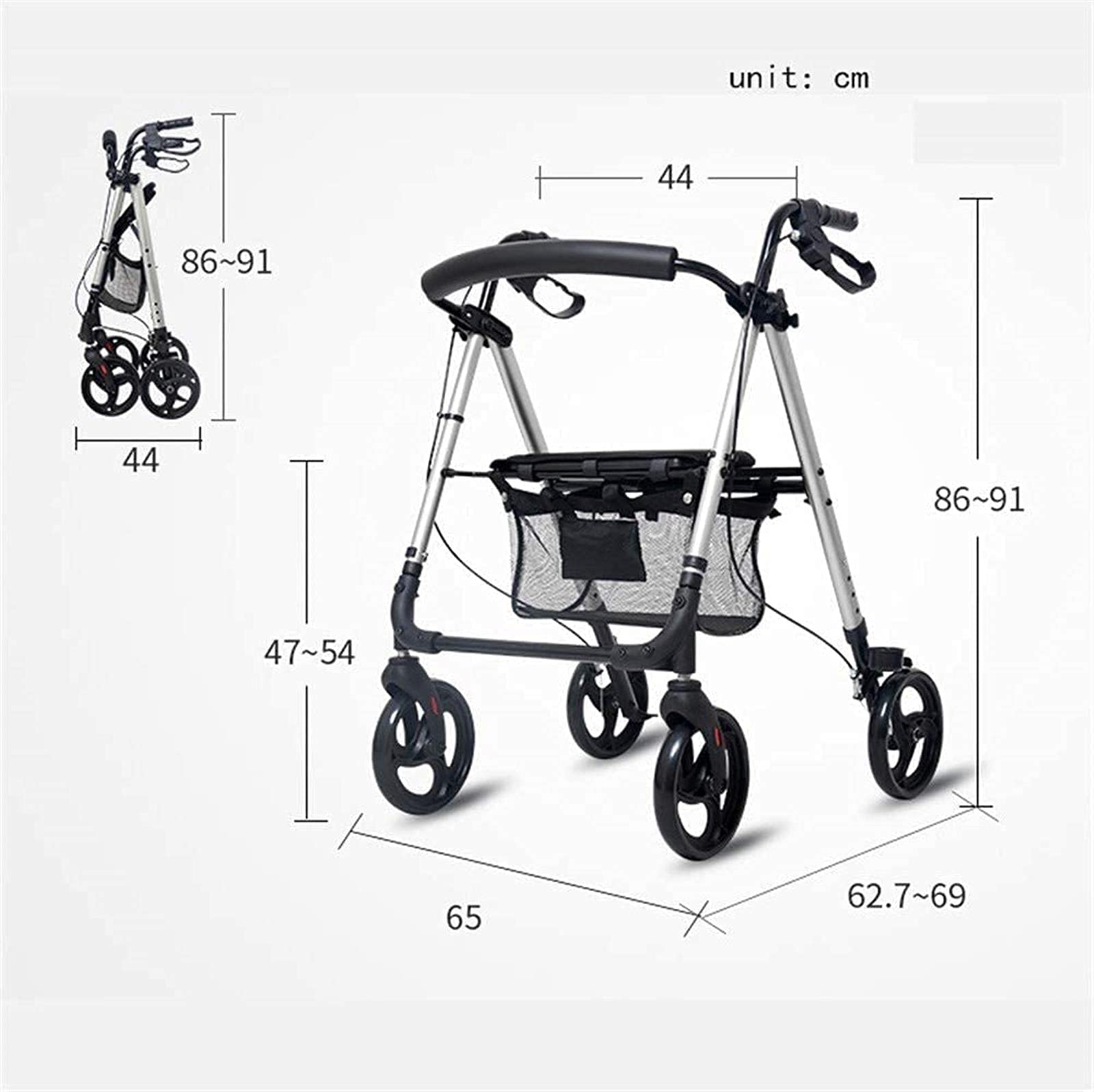 Rollator Walker 4-kołowy chodzik/Rollator z pętlowymi hamulcami ręcznymi Składany, lekki czterokołowy wózek z poduszką do siedzenia i koszem na zakupy, Chodzik dla osób starszych, Tęsknota za