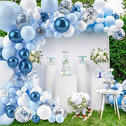 Blue Balloon Garland Arch Kit 135 Pcs Blue White Balloons arch kit with Silver Confetti Balloon for Birthday Anniversary Festival Party Decorations