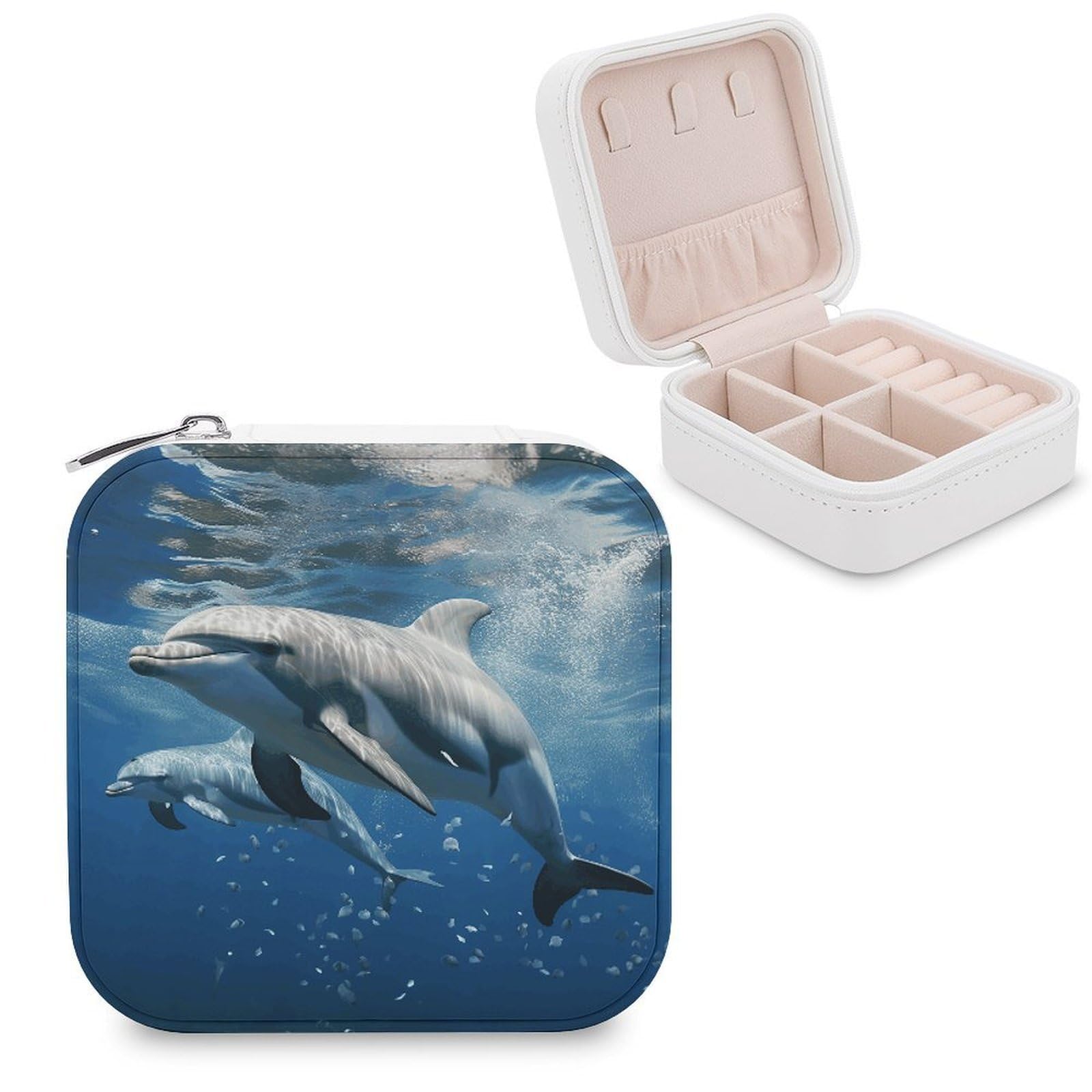 VstaDank Cute Dolphins Jewelry Box Exquisite Leather Jewelry Organizer Portable Trinket Organizer Fashion Travel Jewelry Case for Rings Earrings Necklaces Unique Gifts for Women