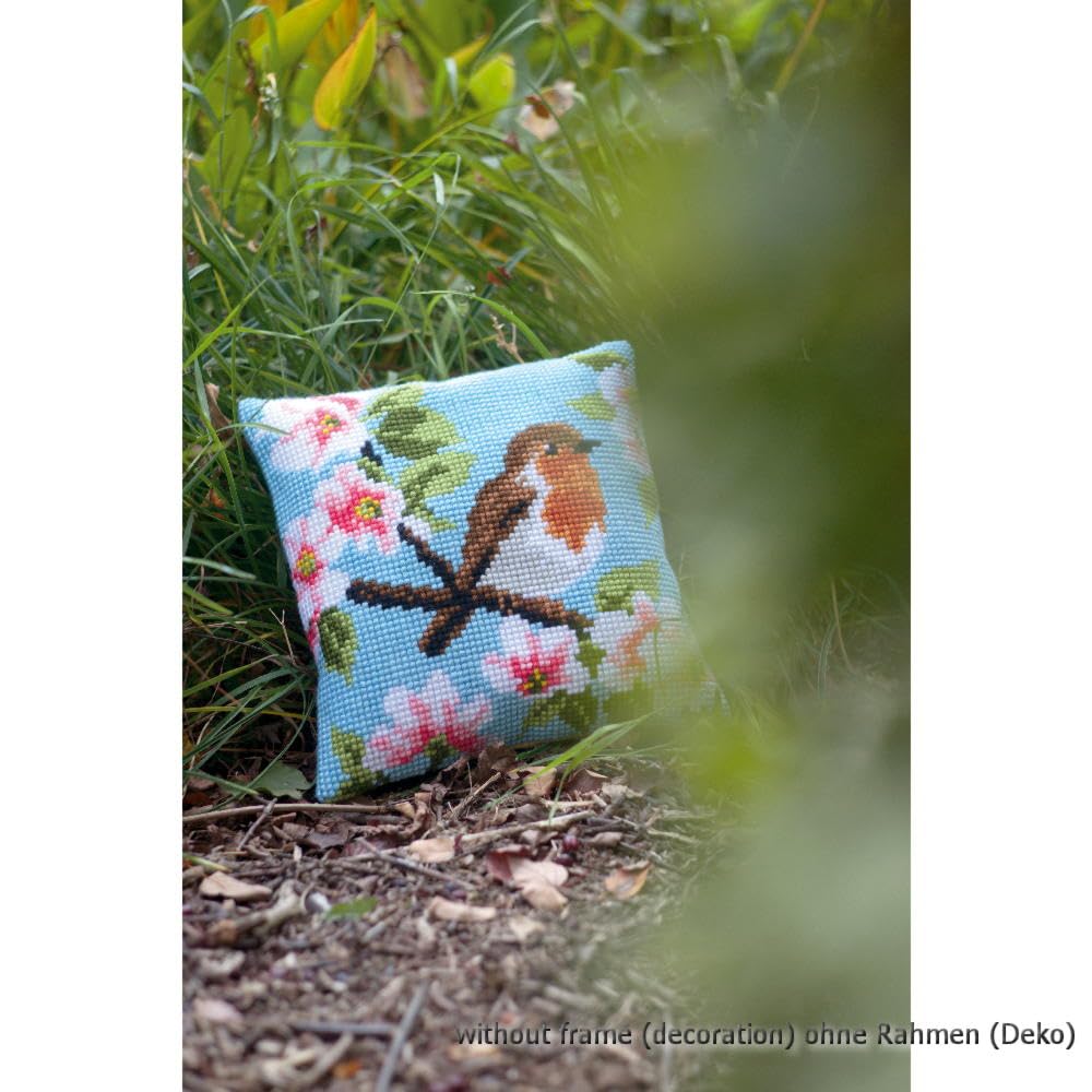 VERVACO Kit Cuscino Punto Croce PETTIROSSO E FIORI Set Ricamo Principianti Cuscini Gobelin Decorativi ca. 40 x 40 cm Accessori Per Lavoretti Creativi DIY Casa Decor Hobby Adulti Cross Stitch