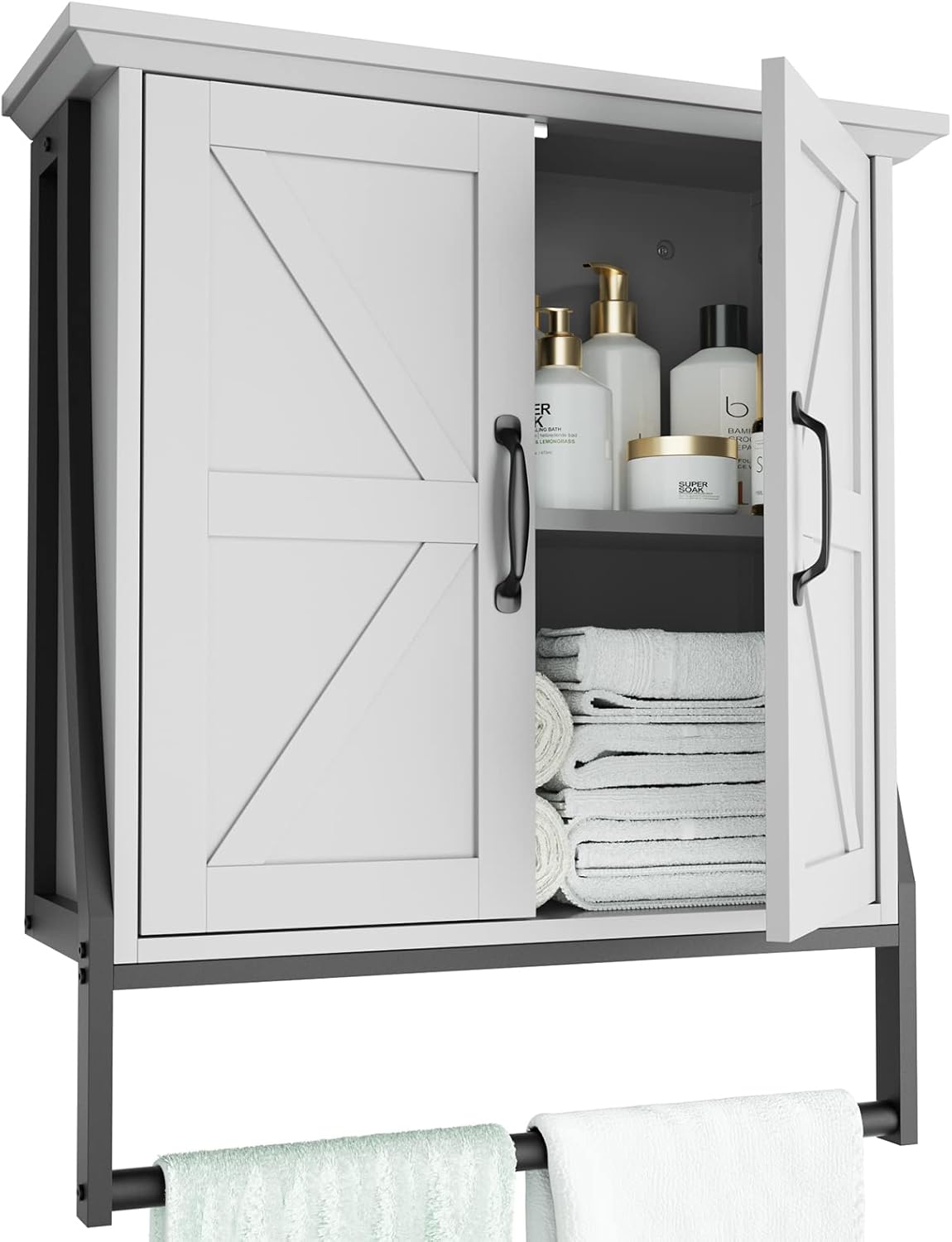 Bathroom Cabinet Wall Mounted, Over Toilet Wall Cabinet with 2 Barn Doors and Towel Bar Above The Toilet Storage Cabinet Medicine Cabinet for Bathroom Storage (Gray)