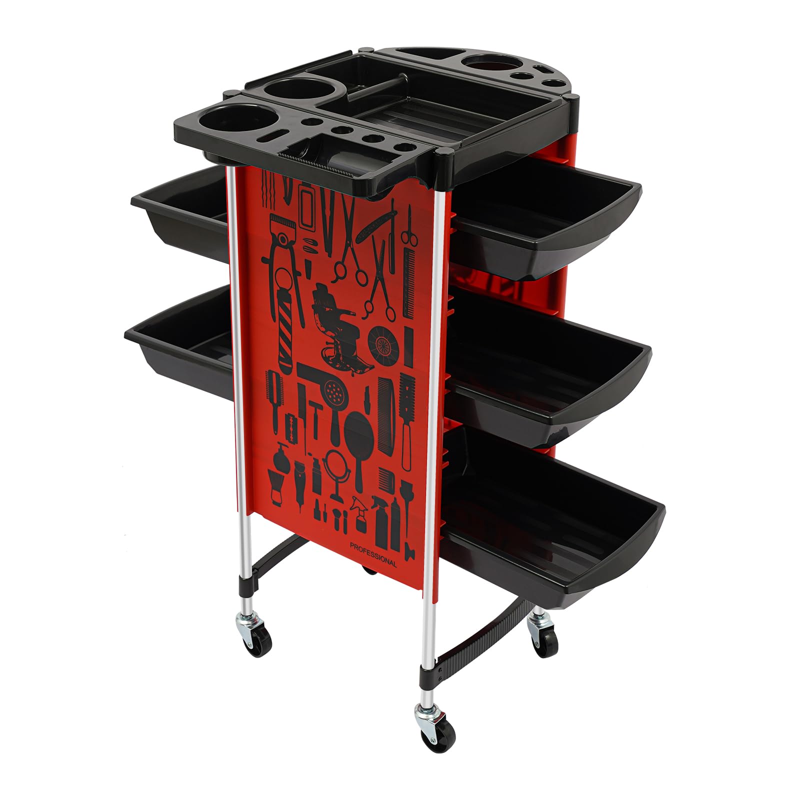 Carrello da parrucchiere con 5 cassetti e 6 ripiani, portata 100 kg, in acciaio inox, per salone e salone di unghie (rosso)