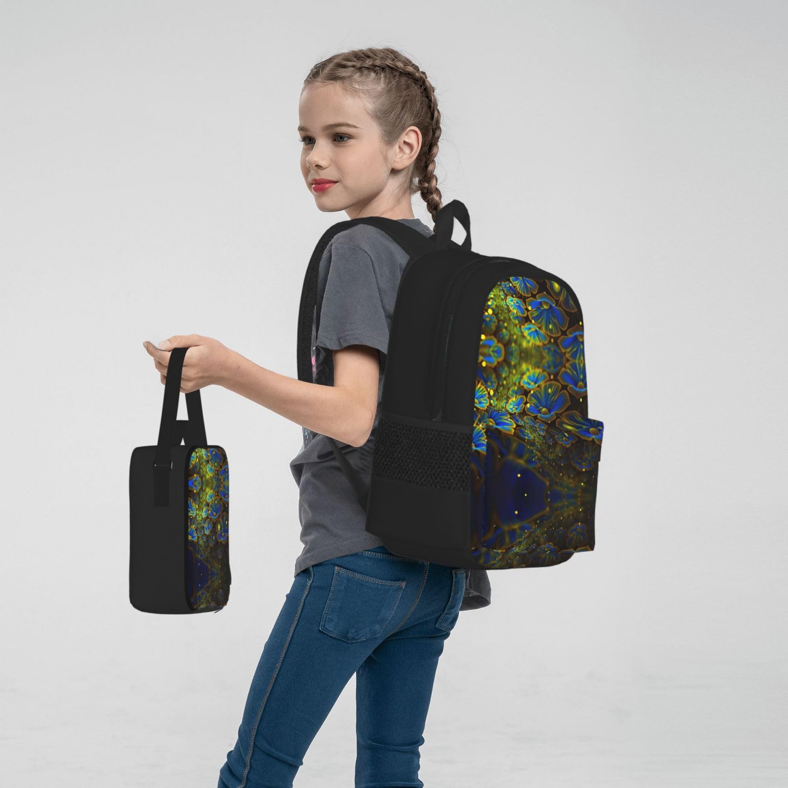 Niebieski złoty kwiat plecak dziecko chłopcy dziewczęta pudełko na lunch szkoła torba zestaw uczniów szkoły student prezent, Czarny, One Size, Bagaż