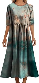 Womens Boho Maxi Dress Floral Printed 2025 Summer Elegant Crewneck Short Sleeve Casual Plus Size Midi Dresses - Buy now