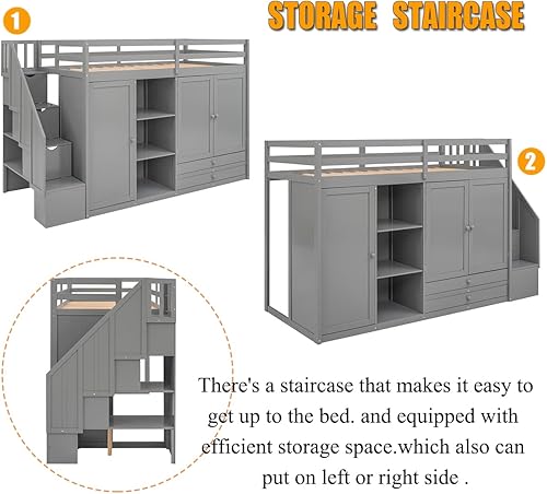 Miniatura 5 de Harper  Bright Designs Cama tipo loft individual con escaleras de almacenamiento cama tipo loft de madera de tamaño individual con 2 armarios 3