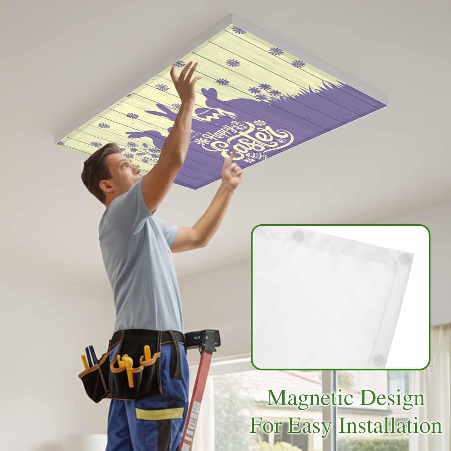 Happy Easter Rabbits Fluorescent Light Covers for Ceiling Lights 4x2 feet,4 Pack Magnetic Light Filters for Classroom,Spring Daisy Purple Silhouette Wooden Grain Fluorescent Lamp Shade Panel