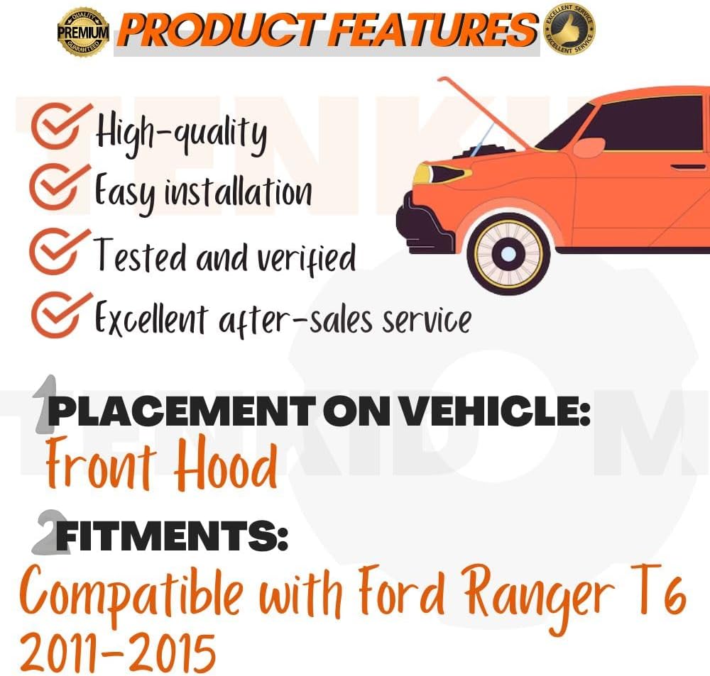 Carbon Fiber Hood Struts Compatible with Ford Ranger T6 2011-2015 Shock Lift Supports Gas Dampers Bonnet Springs Kit No-Drill Bolt-on