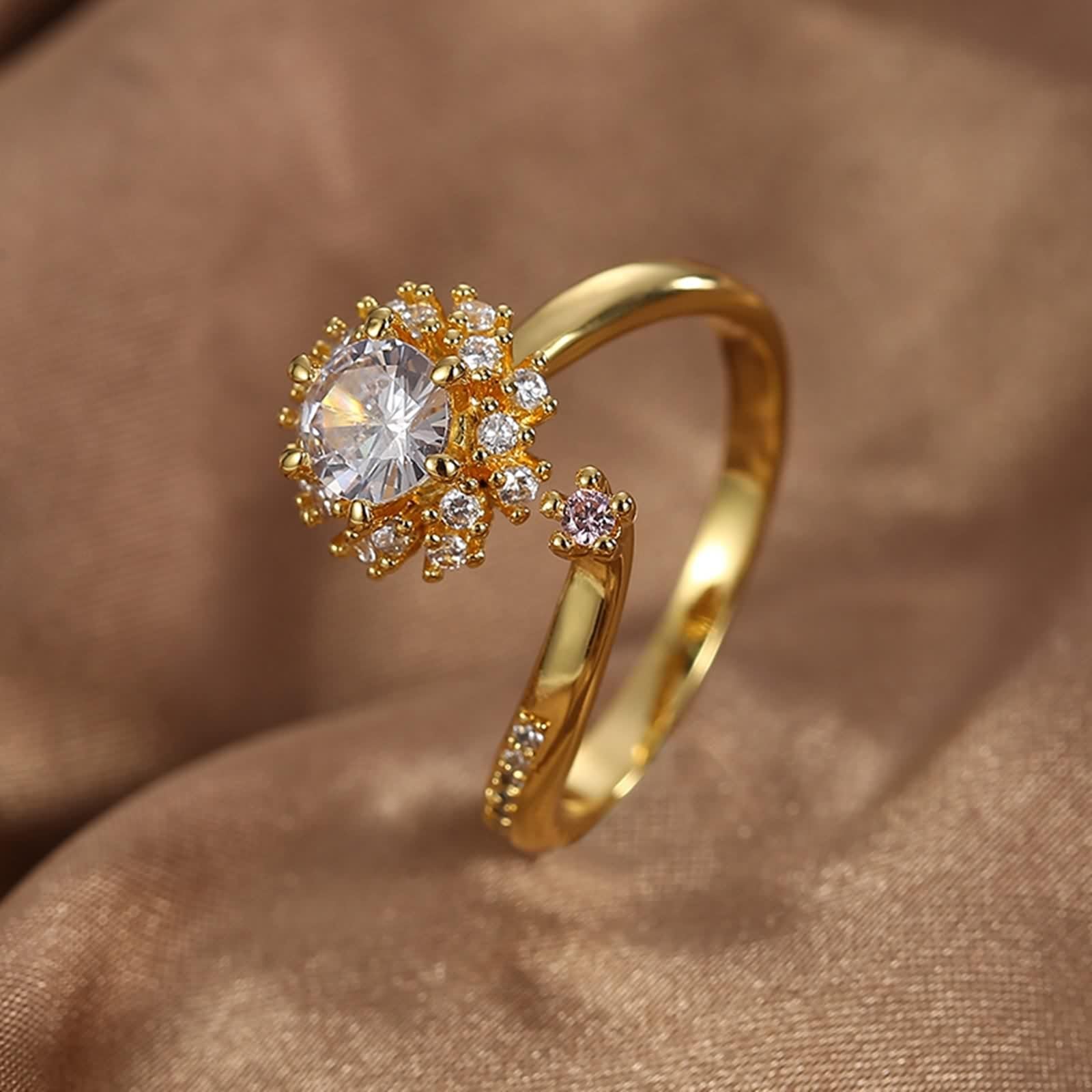 Anillos de oro real de 18 quilates, diseño de flor, talla S 1/2