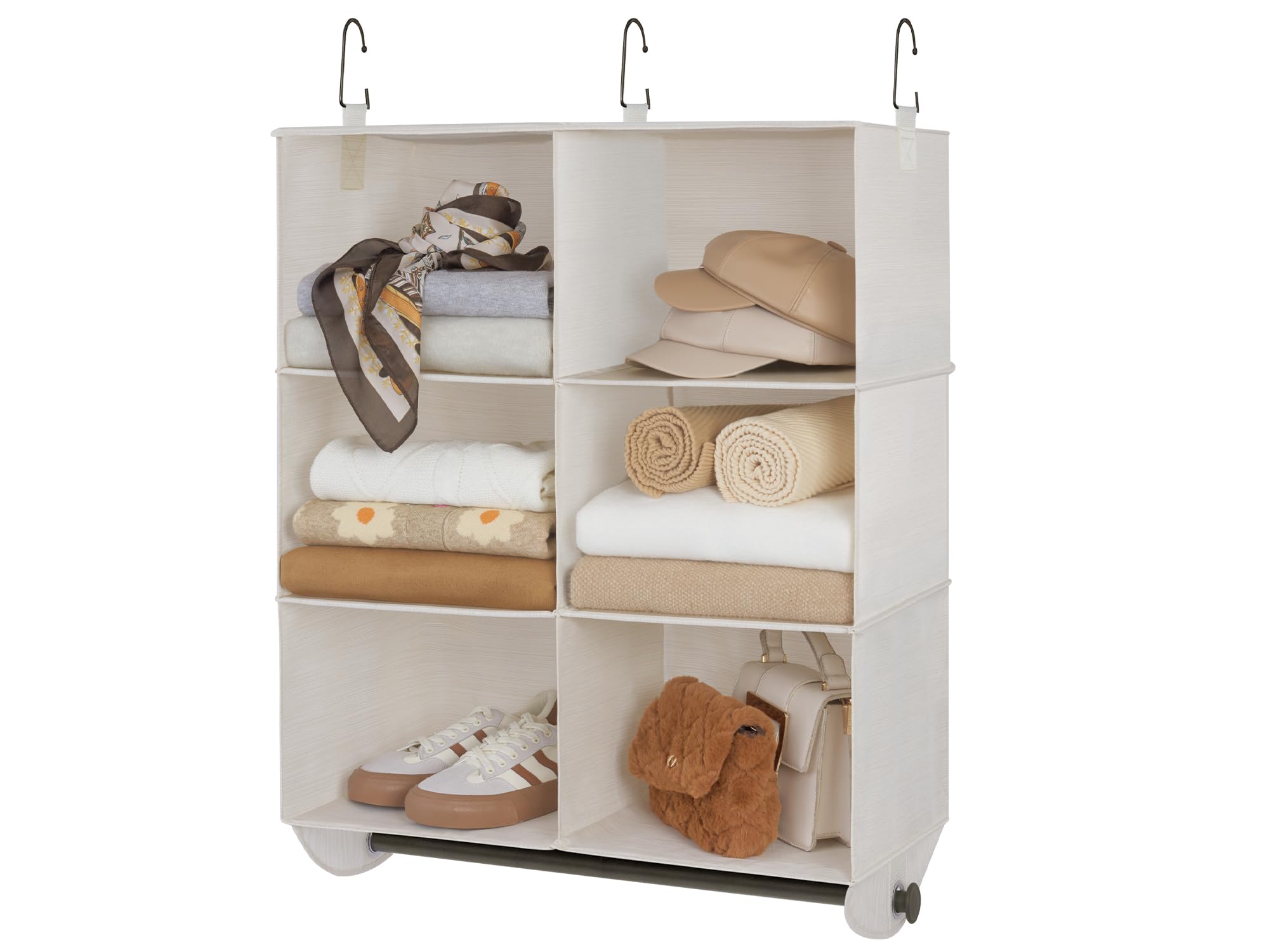 StorageWorks Hanging Closet Organizer with Garment Rod, 6-Section Closet Hanging Shelves, Hanging Clothes Cube Organizer, White & Ivory, 24 ½" L x 12 ¼" W x 33 ½" H