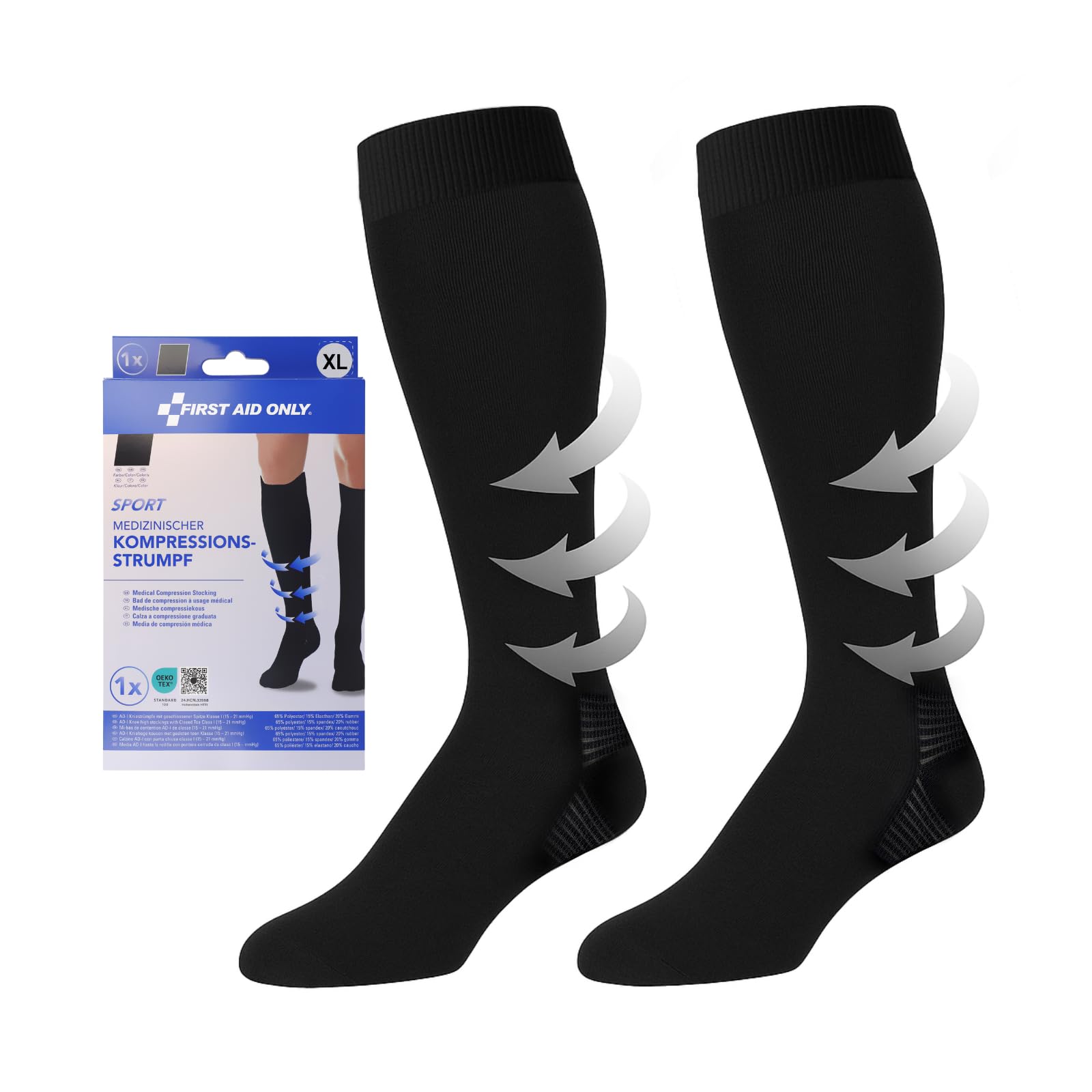 First Aid Only Medizinische Kompressionsstrümpfe SPORT Schwarz XL | Stützstrümpfe Klasse I (15-21mmHg) unterstützen schonend bei Lipödem, Cellulite, Krampfadern | P-10086