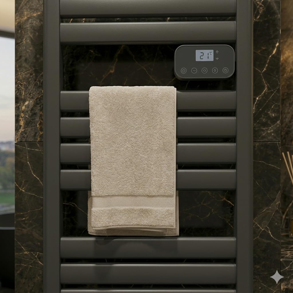 DREXON - Sèche Serviettes Électrique Noir avec Soufflerie 1500W FAENA S | Radiateur Salle de Bain Barres Plates | Programmable | Chauffage Rapide | Détection Fenêtre Ouverte | IP24