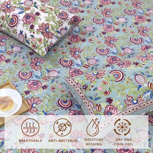 Image of TOAI Hand Block Printed Bedsheet | Bed Spread Flatsheet Bed Sheet | Pure Cotton | Queen Size 90 inchx108 inch | 210 TC Luxury Cotton | 2 Reversible Pillow Covers |Rangeela Bagh