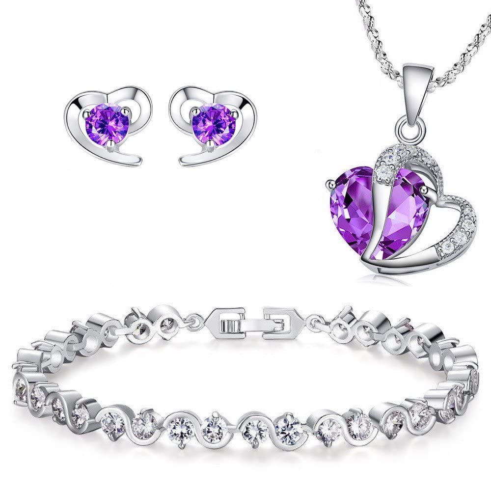 KIM JOHANSON® Damen Schmuckset *Hanna* in Silber I Herz Halskette mit Anhänger & Ohrringe aus Edelstahl I Lila Ohrstecker & Kette I Set für Frauen I Kristall Armband I Wasserfest inkl. Schmuckbeutel