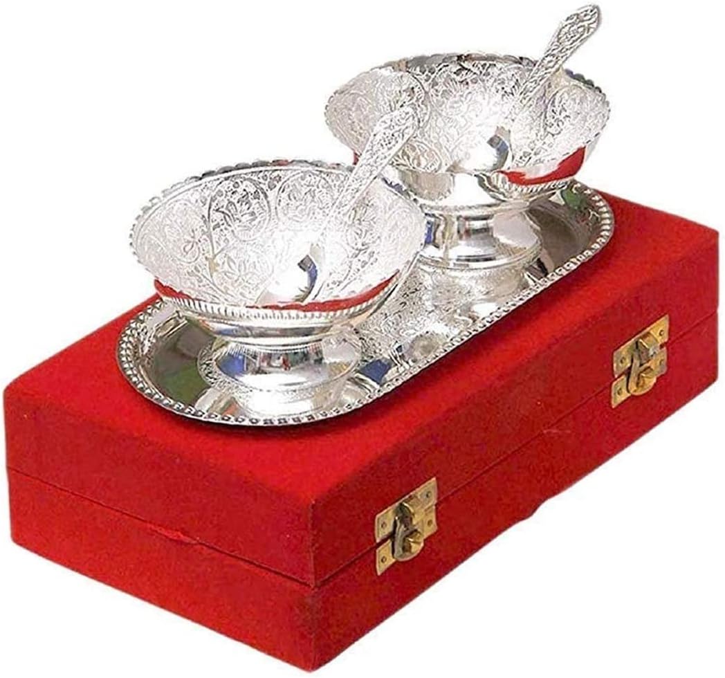 NOBILITY Bowl Spoon Tray Set Silver Plated Dessert Dry Fruits Serving Diwali Christmas Eid Wedding Return Gifts Friends Family Housewarming Home Decoration Corporate Gift items 6 Sets