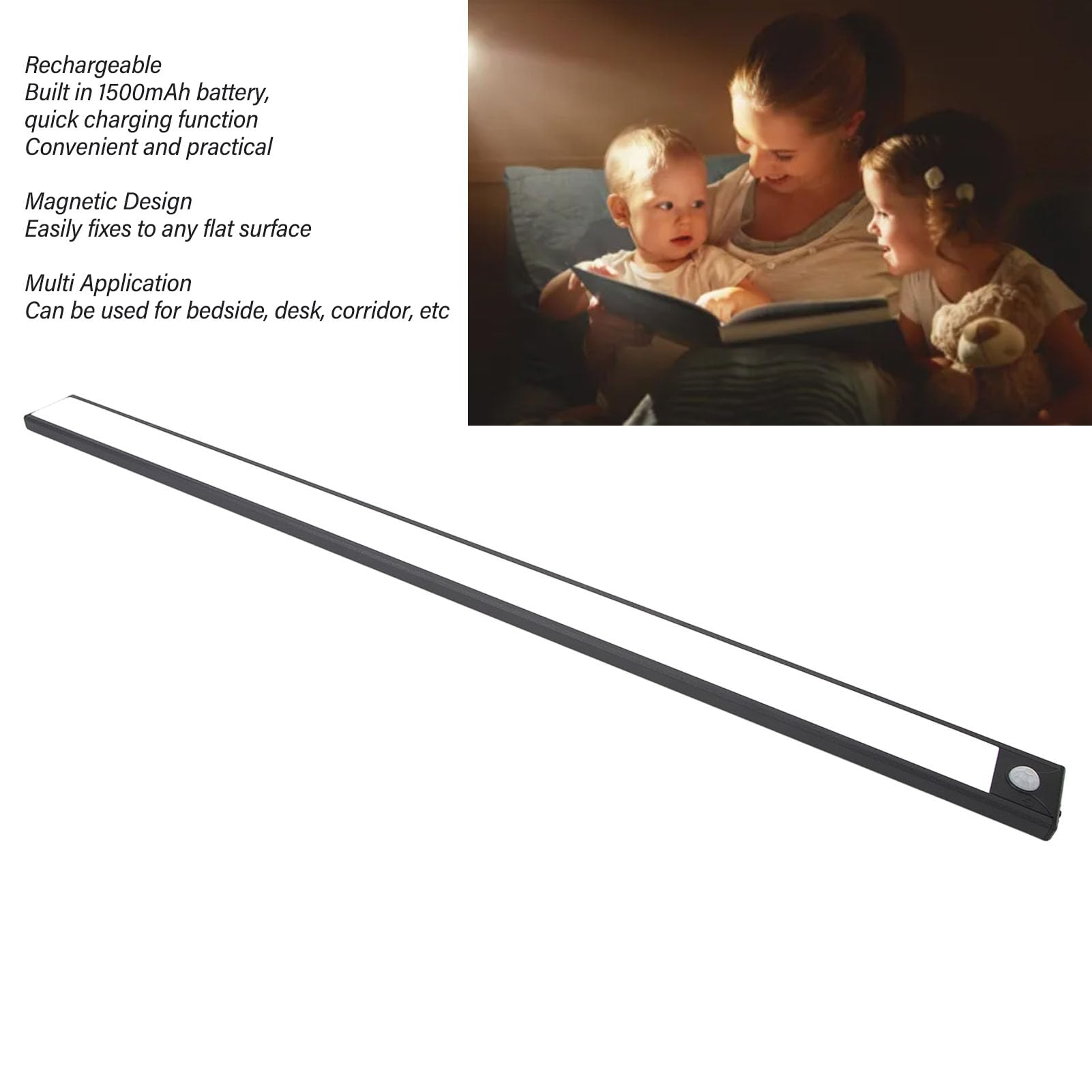 Barra Luminosa con Sensore di Movimento Ricaricabile da 23,6", Luce Magnetica per Armadio a LED da 1500 MAh con Accensione/spegnimento Automatico, Illuminazione da Sottopensile