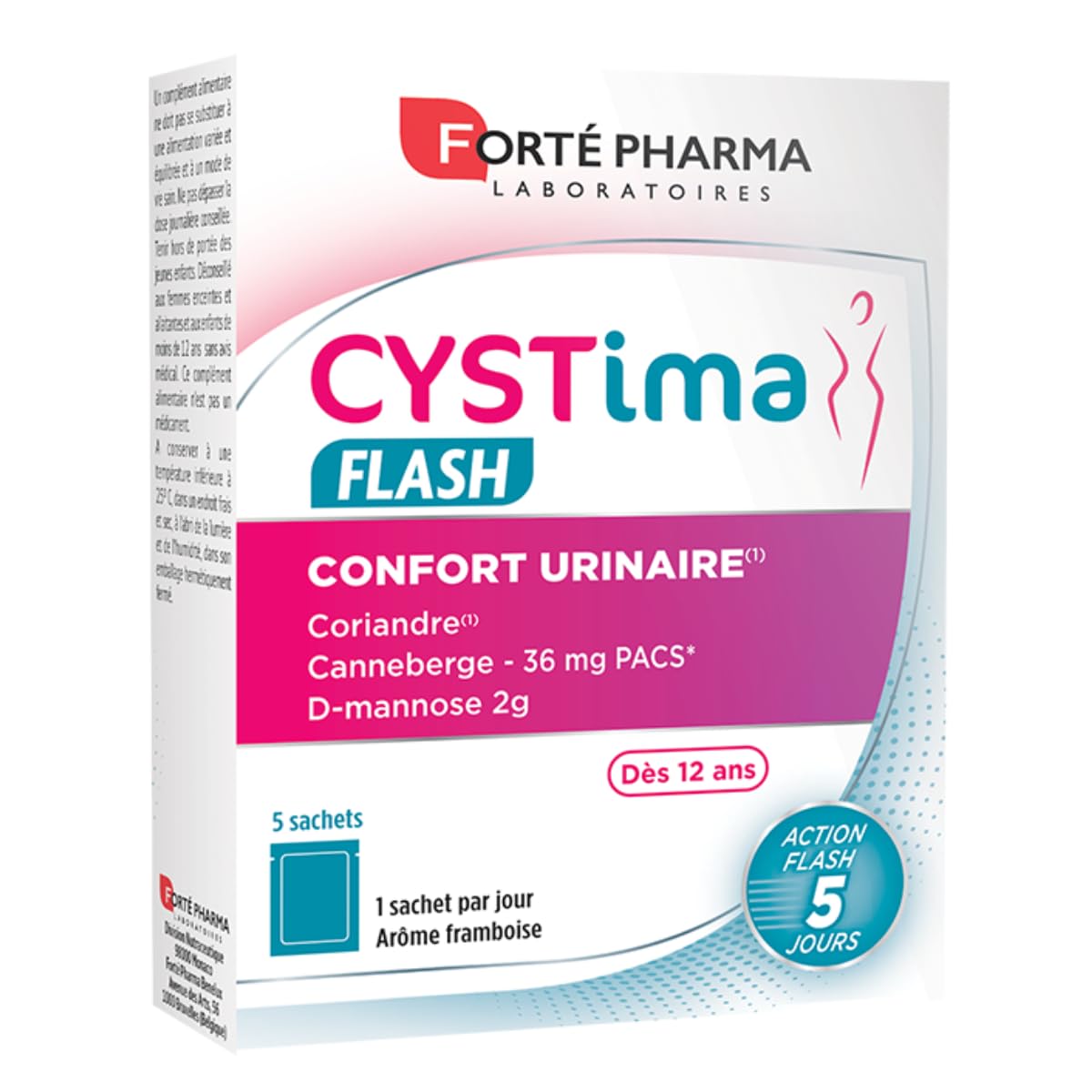 Forté Pharma - Cystima Flash - from 12 Years Old - Urinary Comfort, Elimination, Wellness - Coriander, D mannose, Cranberry - 5 sachets Raspberry Flavour, 1/Day