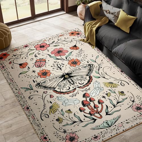 Alfombras florales vintage, ultrafinas, ligeras, de 4 x 6 pies, lavables, lindas alfombras botánicas retro bohemias para dormitorio, cocina, comedor, sala de estar, entrada, decoración hippie de