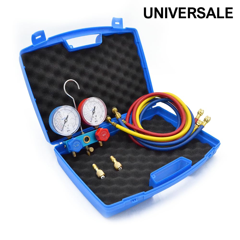 3S SuperSamaStore 2-Wege-Manometer-Satz im Koffer, Klimaanlagen-Manometer-Set für die Kältemittel R32, R410A, R407C, R134a, mit 3 Schläuchen (150 cm) mit 1/4" SAE-Anschlüssen und 2 5/16"-Adaptern