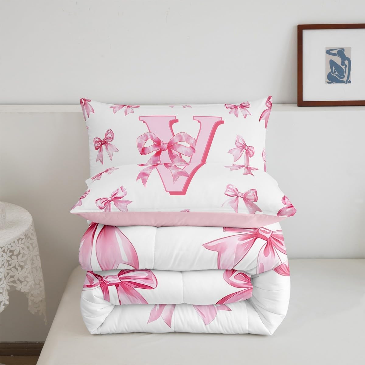 Erosebridal Initial Letter V Bow Bedding Set for Kids Girls Teen Women,Pink Girly Bowknot Comforter Set Full Cute Fantasy Princess Bedding Comforter Sets Kawaii Watercolor Bow Quilt Duvet