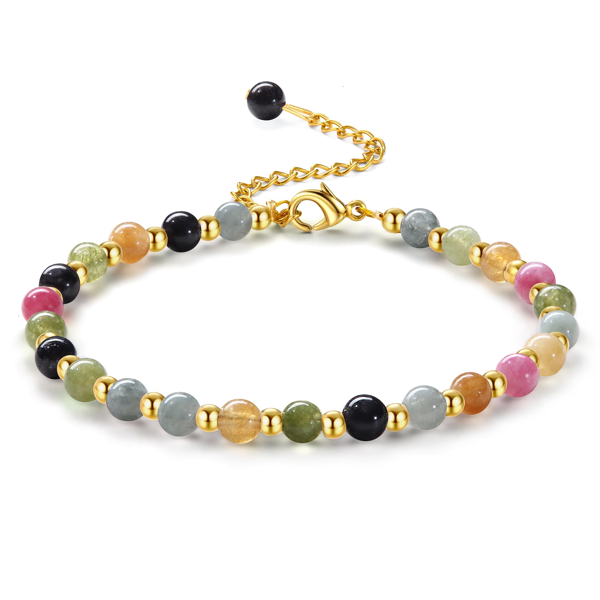 YCTTKDD Pulseras de Cuentas para Mujeres y niñas: Piedra Natural de 5 mm, Cuentas de Acero Inoxidable de 3 mm, joyería Boho de Cristal chapada en Oro Ajustable con Caja de Regalo