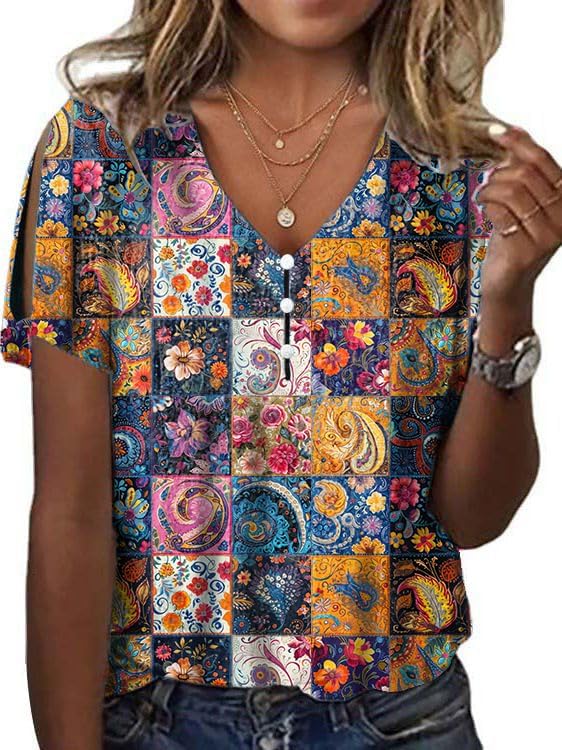 Womens Plus Size Summer Boho Floral Print Shirts Button Up Trendy Short Sleeve Blouses