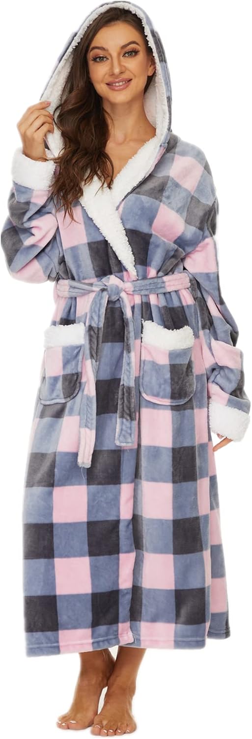 iniber Plush Robes for Women, Womens Robe Long, Fuzzy Fluffy Soft Warm Fleece Hooded Bathrobe