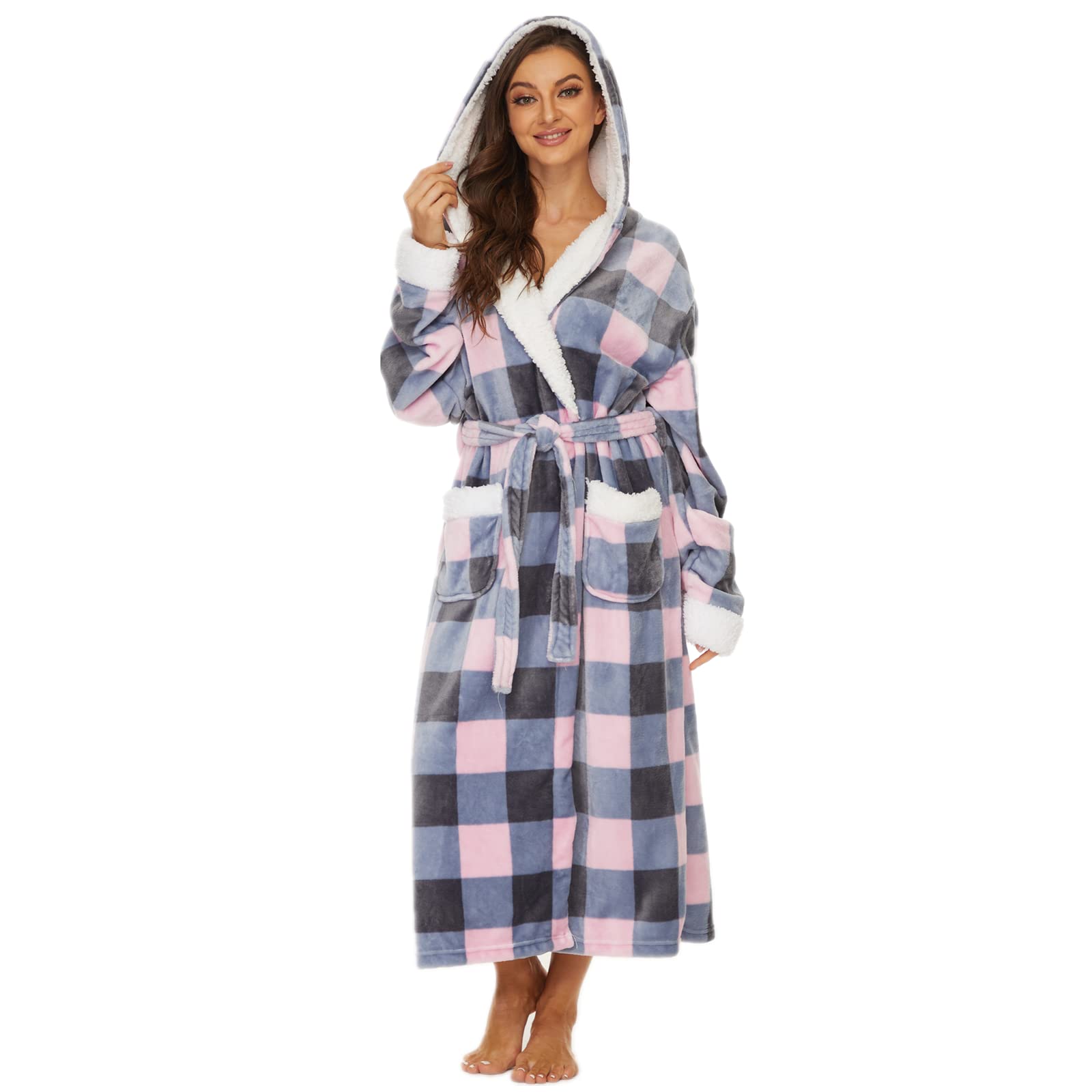 iniber Plush Robes for Women Womens Robe Long Fuzzy Fluffy Soft Warm Fleece Hooded Bathrobe