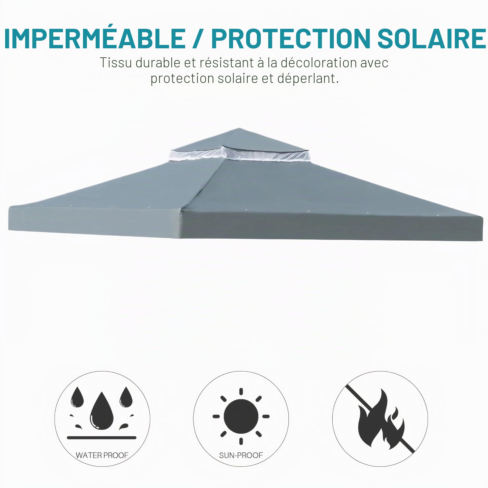 OKYUK Toit de rechange respirant UV, stable et imperméable, avec drainage, idéal pour tonnelle de jardin 3 x 3 m (gris)