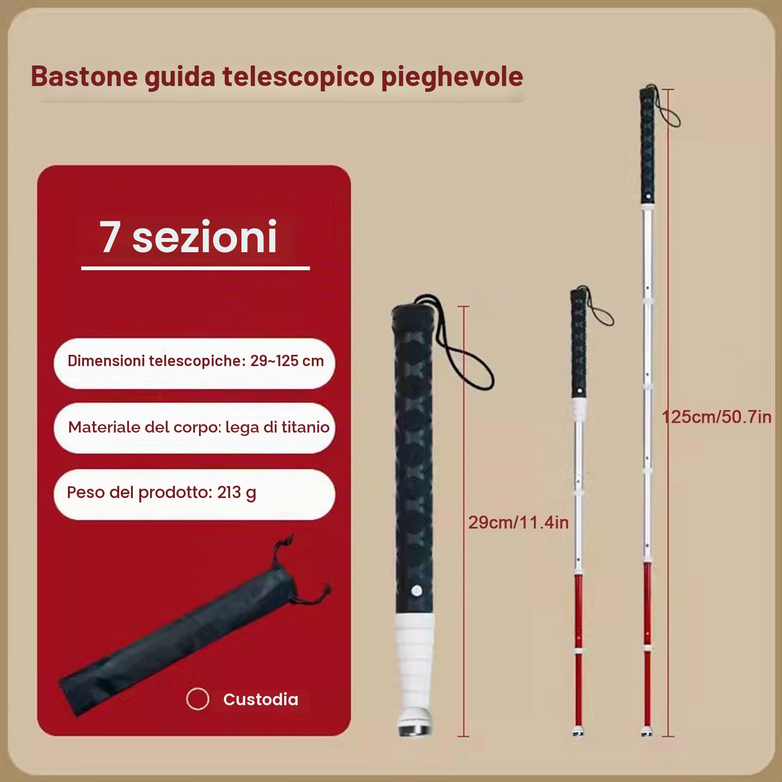 Bastone Telescopico per Cieco - 125 Cm（50,7″） | Bastone Non Vedenti in lega di titanio per - punta rotante per persone con problemi di vista e non vedenti(7 sect.,125cm)