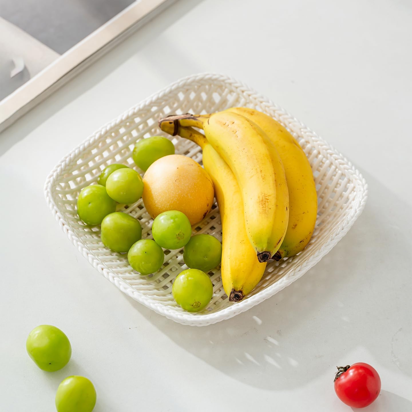 Decorative Fruit Bowl, Woven Lattice Design, White and Blue Ceramic Basket, Square Serving Dish for Fruits, Candies, Holiday Table Decor (Square-White)