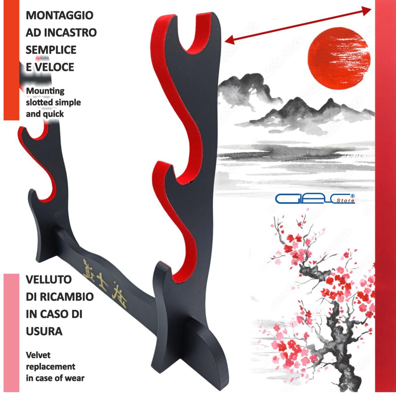 Supporto Da Parete Per Katana In Legno Con Velluto Rosso - Porta Spade Samurai 1 Posto - Foto 2