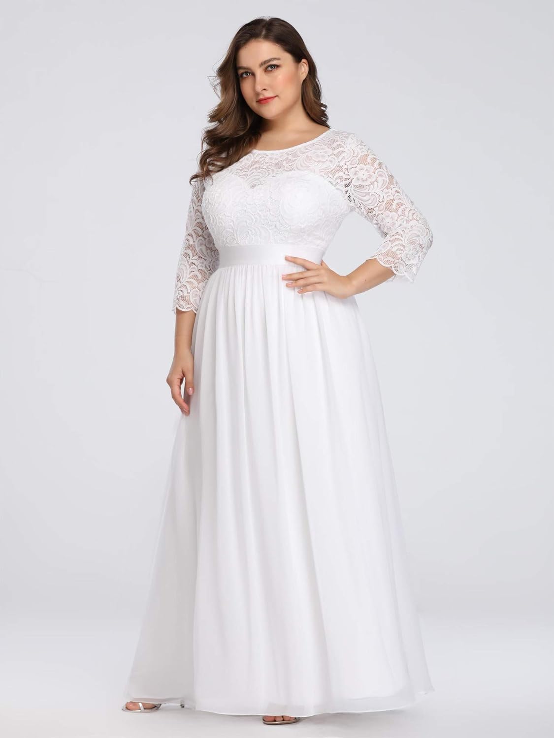 Ever-Pretty Women's A-Line 3/4 Long Sleeves Chiffon Floor Length Bridesmaid Gowns Plus Size Mother of The Bride Dresses