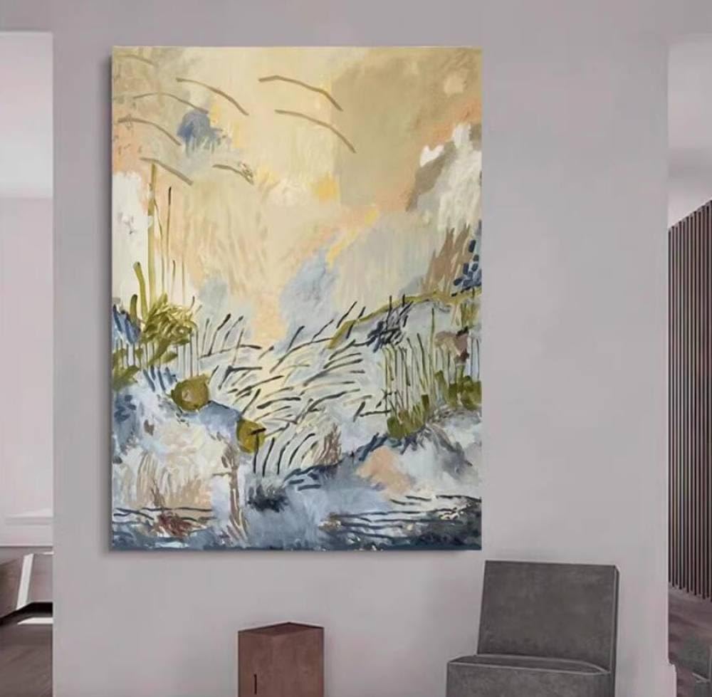 Peinture paysagère abstraite sur toile pour habiller le grand mur d'un escalier de maison