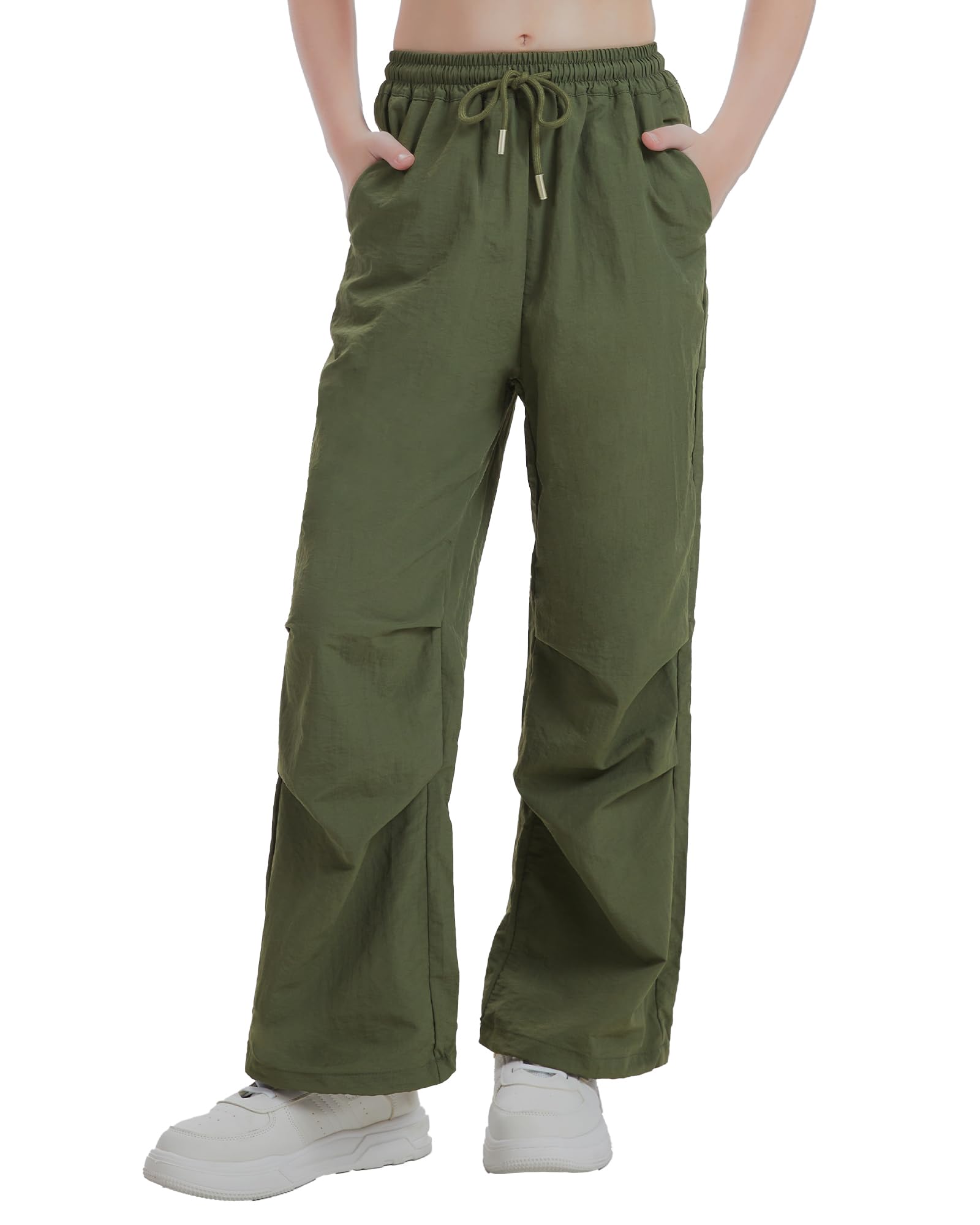 Girls Parachute Cargo Pants Drawstring Waterproof Causal Hiking Pants for Girls Pockets Lightweight Running Joggers