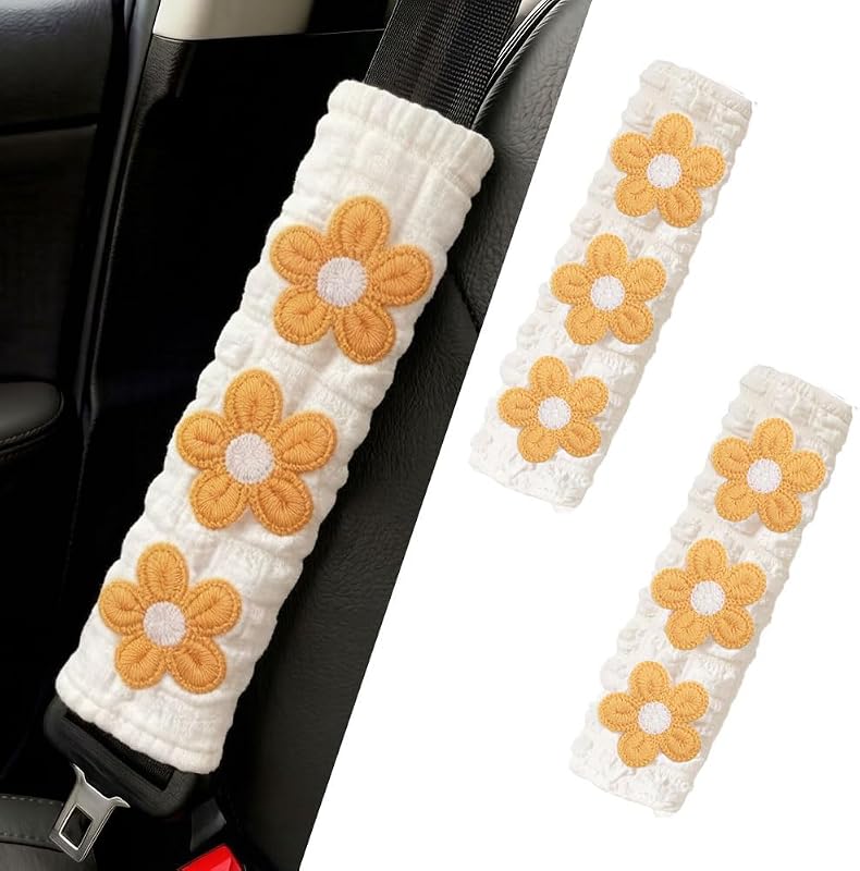 Almofadas para Cinto de Segurança JDDRY com Fechamento em Velcro, Três Flores Amarelo – 2 unidades